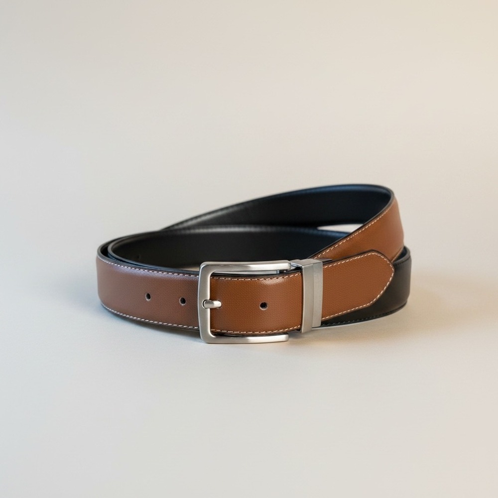 Steve Madden Mens Reversible Leather Belt Brown Black Silver Buckle Size 32